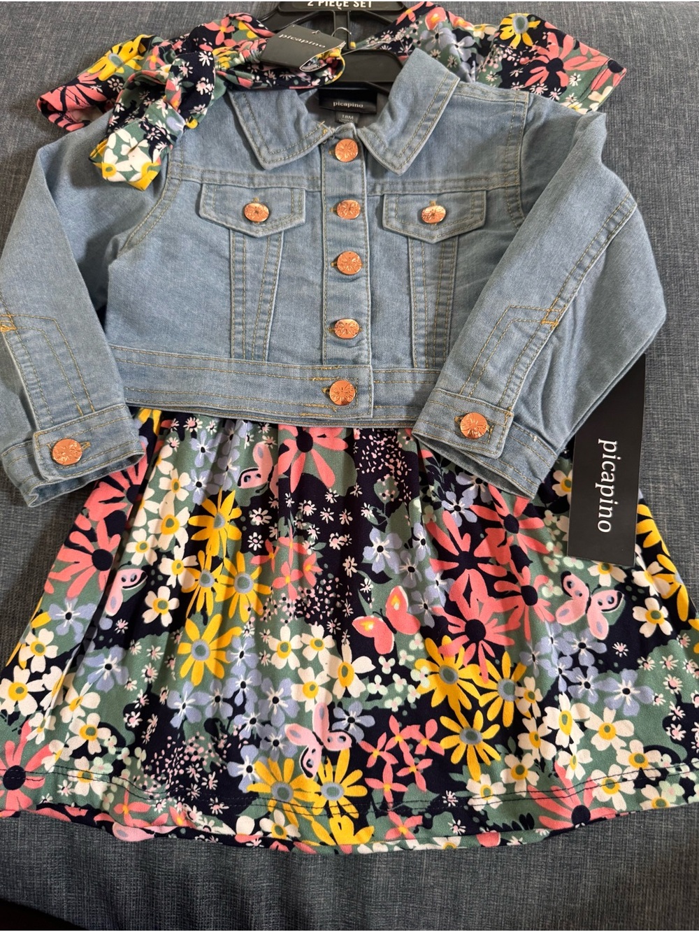 Picapino Girls 3 Piece Light Blue Denim Jacket, Dress and Matching Headband